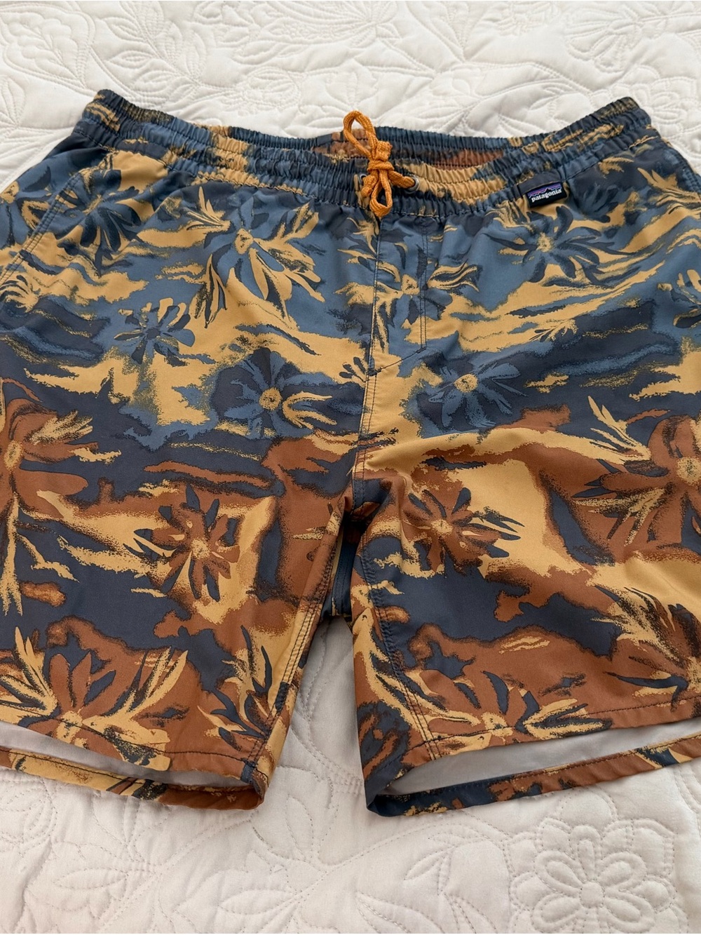 Patagonia Men’s Blue and Brown Floral Swim Trunks